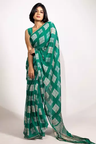 green block print chiffon ready to wear saree | pre draped party wear saree