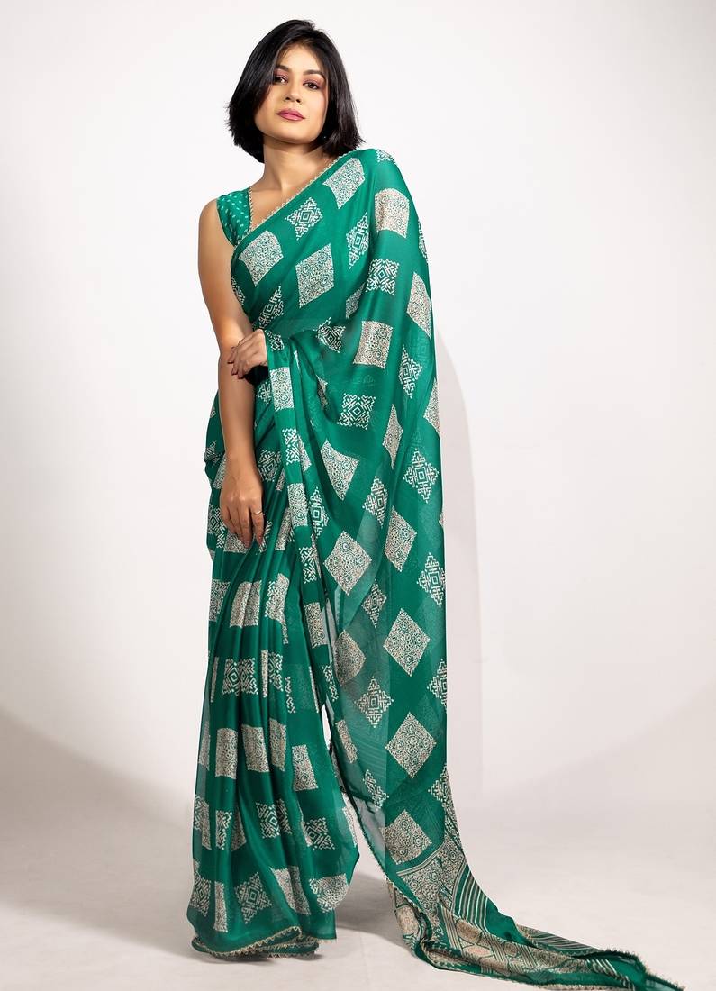 green block print chiffon ready to wear saree | pre draped party wear saree