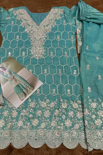 sky blue embroidered shimmer salwar suit