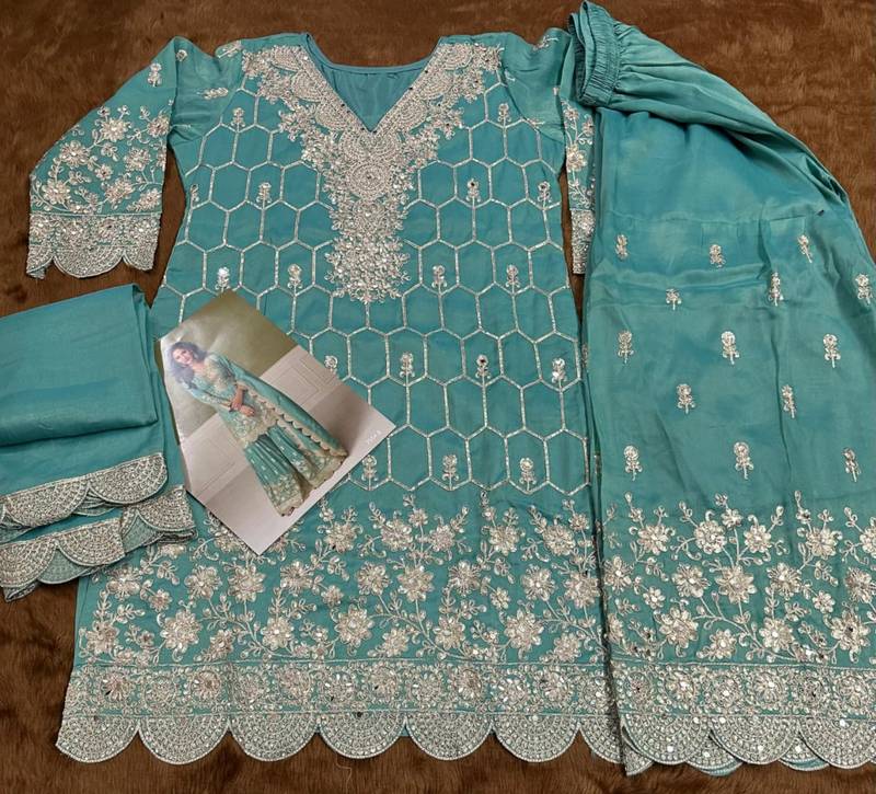 sky blue embroidered shimmer salwar suit