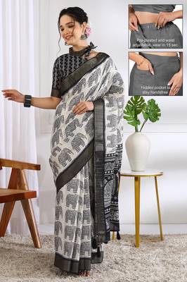 white animal print cotton blend ready to wear saree with pocket | pre draped party wear saree 1