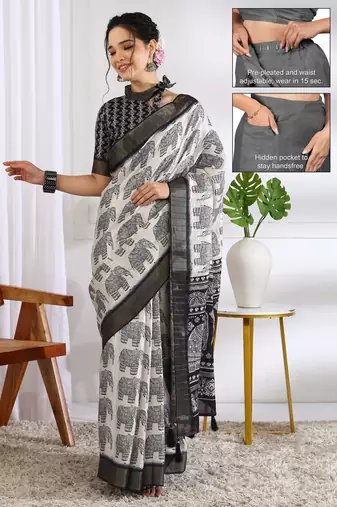 white animal print cotton blend ready to wear saree with pocket | pre draped party wear saree