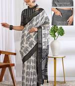 white animal print cotton blend ready to wear saree with pocket | pre draped party wear saree