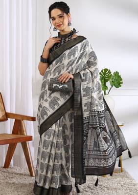 white animal print cotton blend ready to wear saree with pocket | pre draped party wear saree 2