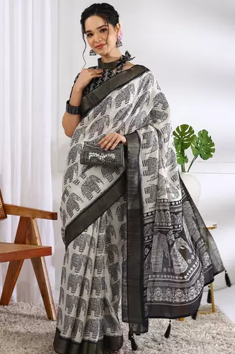white animal print cotton blend ready to wear saree with pocket | pre draped party wear saree