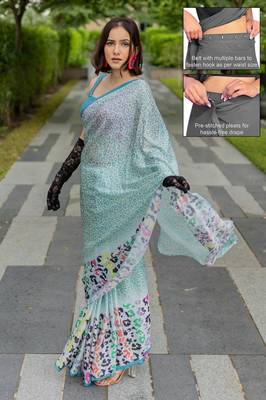 white animal print satin georgette ready to wear saree | pre draped party wear saree 2