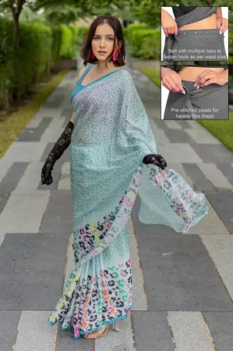 white animal print satin georgette ready to wear saree | pre draped party wear saree