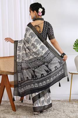 white animal print cotton blend ready to wear saree with pocket | pre draped party wear saree 3