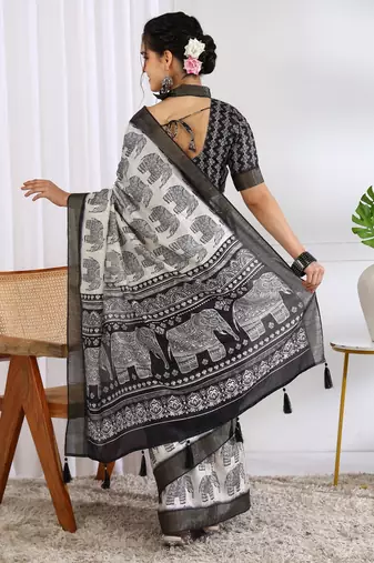 white animal print cotton blend ready to wear saree with pocket | pre draped party wear saree