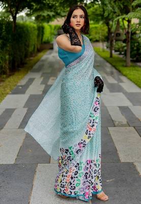 white animal print satin georgette ready to wear saree | pre draped party wear saree 3