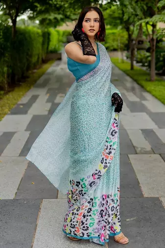 white animal print satin georgette ready to wear saree | pre draped party wear saree
