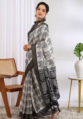 white animal print cotton blend ready to wear saree with pocket | pre draped party wear saree 4