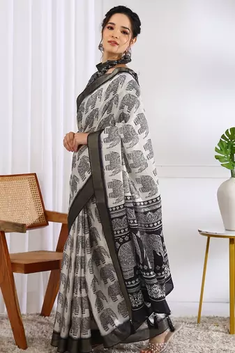 white animal print cotton blend ready to wear saree with pocket | pre draped party wear saree