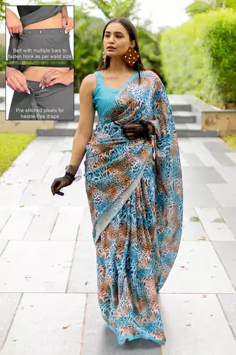 turquoise animal print satin georgette ready to wear saree | pre draped party wear saree