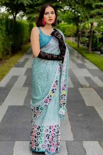 white animal print satin georgette ready to wear saree | pre draped party wear saree