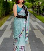 white animal print satin georgette ready to wear saree | pre draped party wear saree