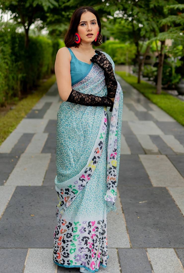white animal print satin georgette ready to wear saree | pre draped party wear saree