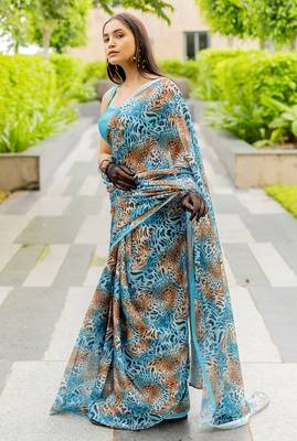 turquoise animal print satin georgette ready to wear saree | pre draped party wear saree 3