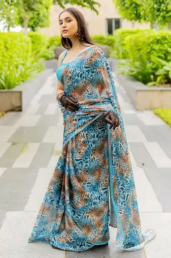 turquoise animal print satin georgette ready to wear saree | pre draped party wear saree