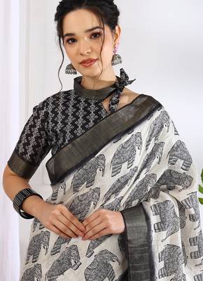 white animal print cotton blend ready to wear saree with pocket | pre draped party wear saree 5
