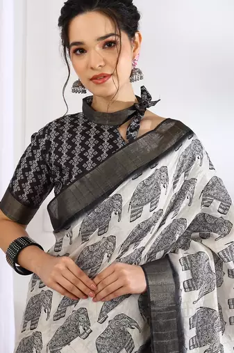 white animal print cotton blend ready to wear saree with pocket | pre draped party wear saree