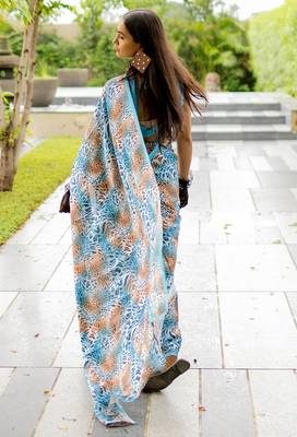 turquoise animal print satin georgette ready to wear saree | pre draped party wear saree 4