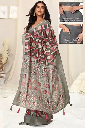 grey ajrakh print silk blend ready to wear saree with pocket | pre draped party wear saree