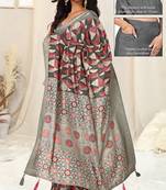 grey ajrakh print silk blend ready to wear saree with pocket | pre draped party wear saree