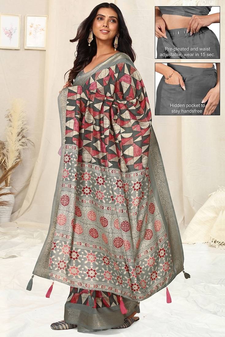 grey ajrakh print silk blend ready to wear saree with pocket | pre draped party wear saree