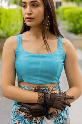 turquoise animal print satin georgette ready to wear saree | pre draped party wear saree 5