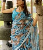 turquoise animal print satin georgette ready to wear saree | pre draped party wear saree