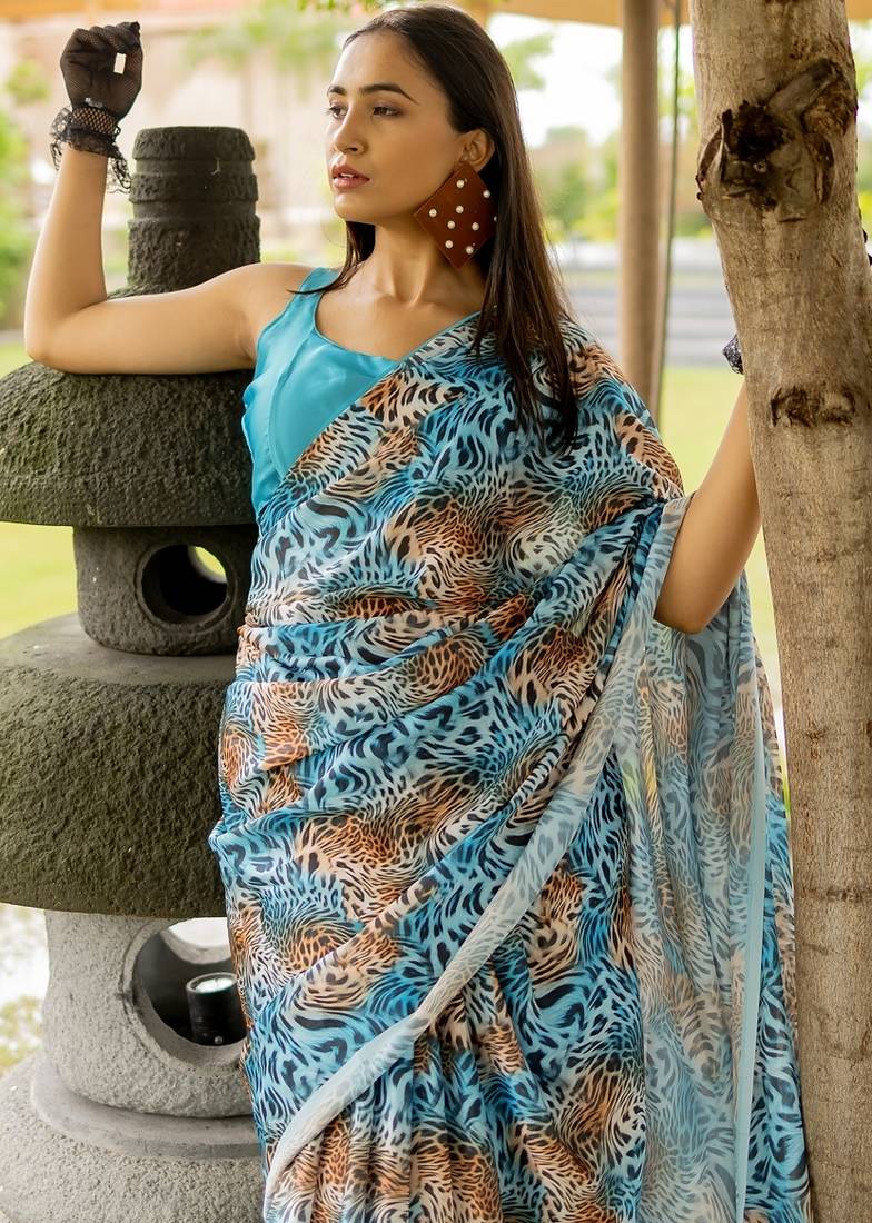 turquoise animal print satin georgette ready to wear saree | pre draped party wear saree