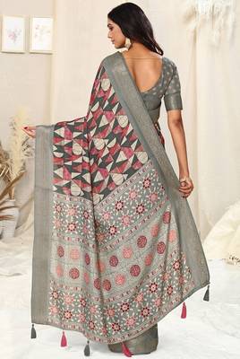 grey ajrakh print silk blend ready to wear saree with pocket | pre draped party wear saree 2