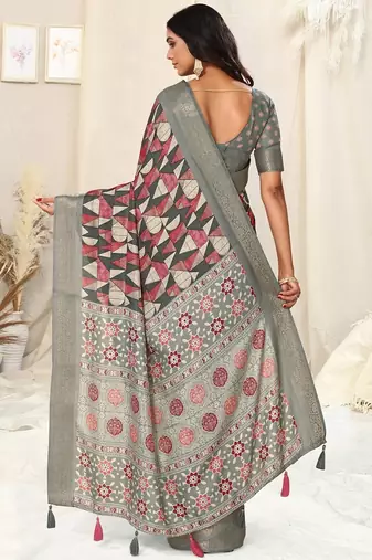 grey ajrakh print silk blend ready to wear saree with pocket | pre draped party wear saree