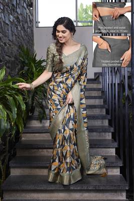 blue ajrakh print silk blend ready to wear saree with pocket | pre draped party wear saree 2