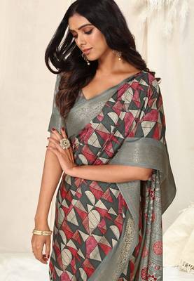 grey ajrakh print silk blend ready to wear saree with pocket | pre draped party wear saree 4