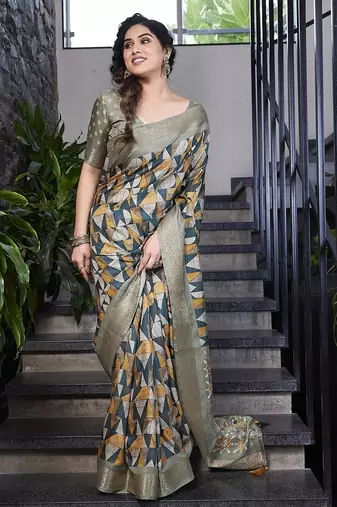 blue ajrakh print silk blend ready to wear saree with pocket | pre draped party wear saree