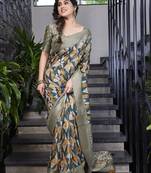 blue ajrakh print silk blend ready to wear saree with pocket | pre draped party wear saree