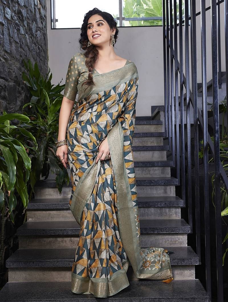 blue ajrakh print silk blend ready to wear saree with pocket | pre draped party wear saree