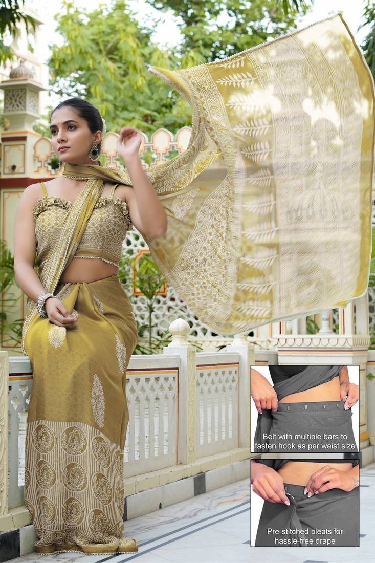 mustard ajrakh print chiffon ready to wear saree | pre draped party wear saree