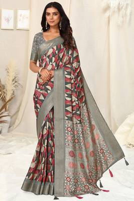 grey ajrakh print silk blend ready to wear saree with pocket | pre draped party wear saree 5