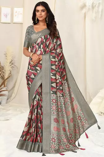 grey ajrakh print silk blend ready to wear saree with pocket | pre draped party wear saree