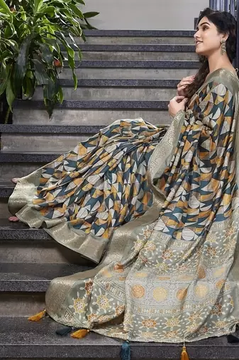blue ajrakh print silk blend ready to wear saree with pocket | pre draped party wear saree