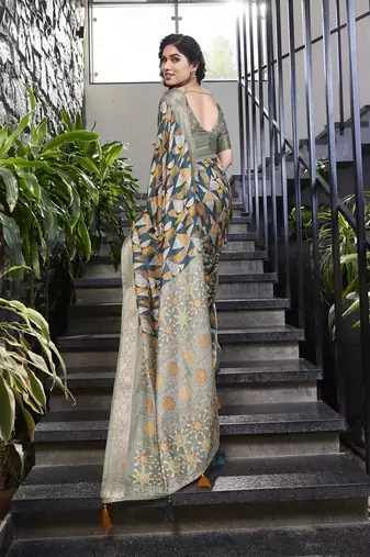 blue ajrakh print silk blend ready to wear saree with pocket | pre draped party wear saree