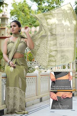 green ajrakh print chiffon ready to wear saree | pre draped party wear saree 1