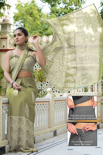 green ajrakh print chiffon ready to wear saree | pre draped party wear saree