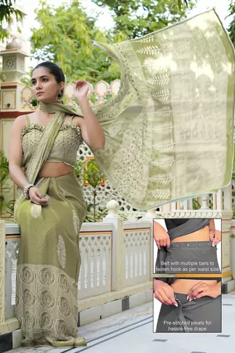 green ajrakh print chiffon ready to wear saree | pre draped party wear saree