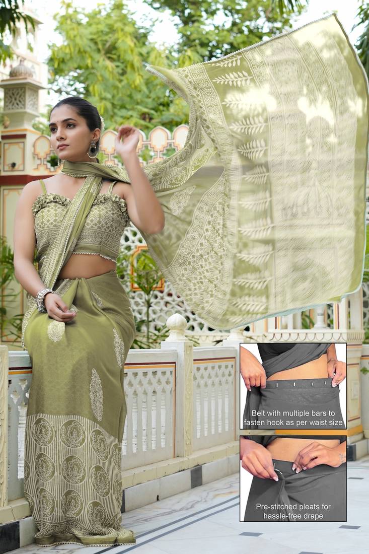 green ajrakh print chiffon ready to wear saree | pre draped party wear saree