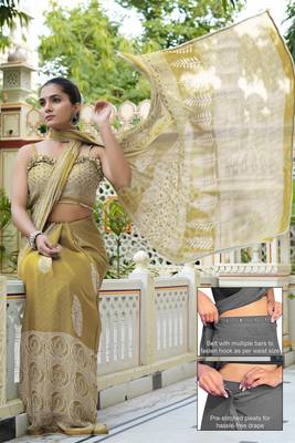 mustard ajrakh print chiffon ready to wear saree | pre draped party wear saree 3