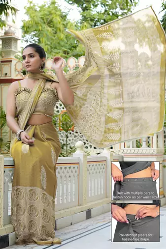 mustard ajrakh print chiffon ready to wear saree | pre draped party wear saree